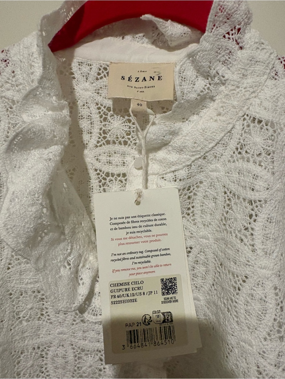 Sezane CHLO SHIRT ECRU GUIPURE Size 8 NWT - Picture 6 of 6
